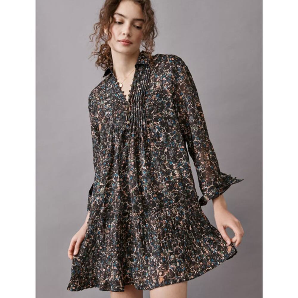 Anthropologie Maeve Women's Size XS Black Printed Phoebe Tunic Mini Dress